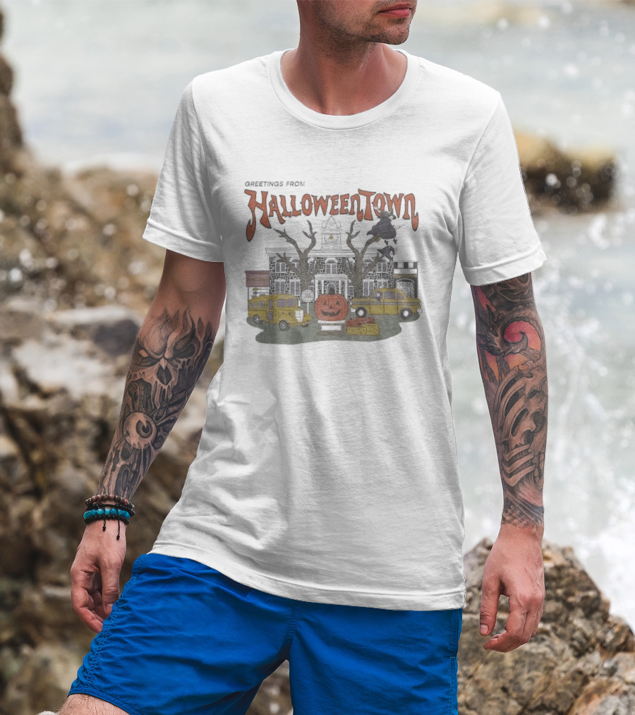 Greetings From Halloweentown Spooky Pumpkin Taxi Bus Haunted House Scene T-Shirt