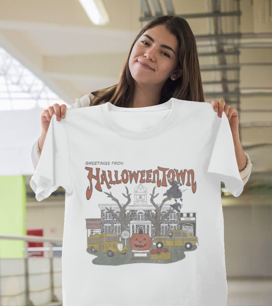 Greetings From Halloweentown Spooky Pumpkin Taxi Bus Haunted House Scene T-Shirt