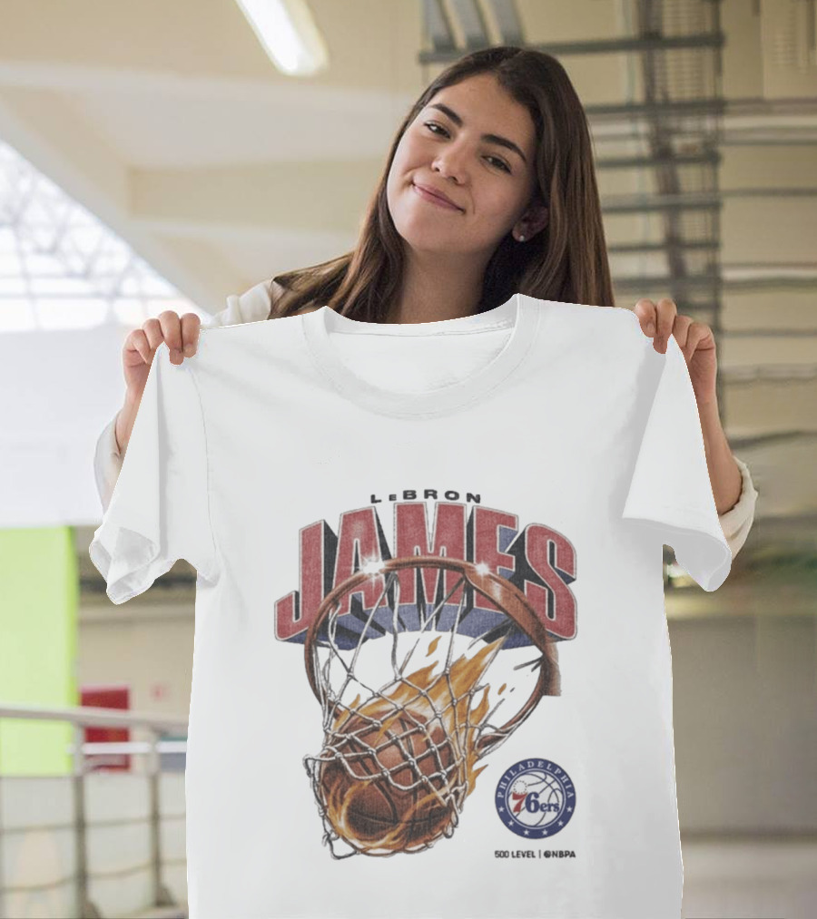 LeBron James Philadelphia 76ers Basketball Hoop Fire NBA 90s T-Shirt