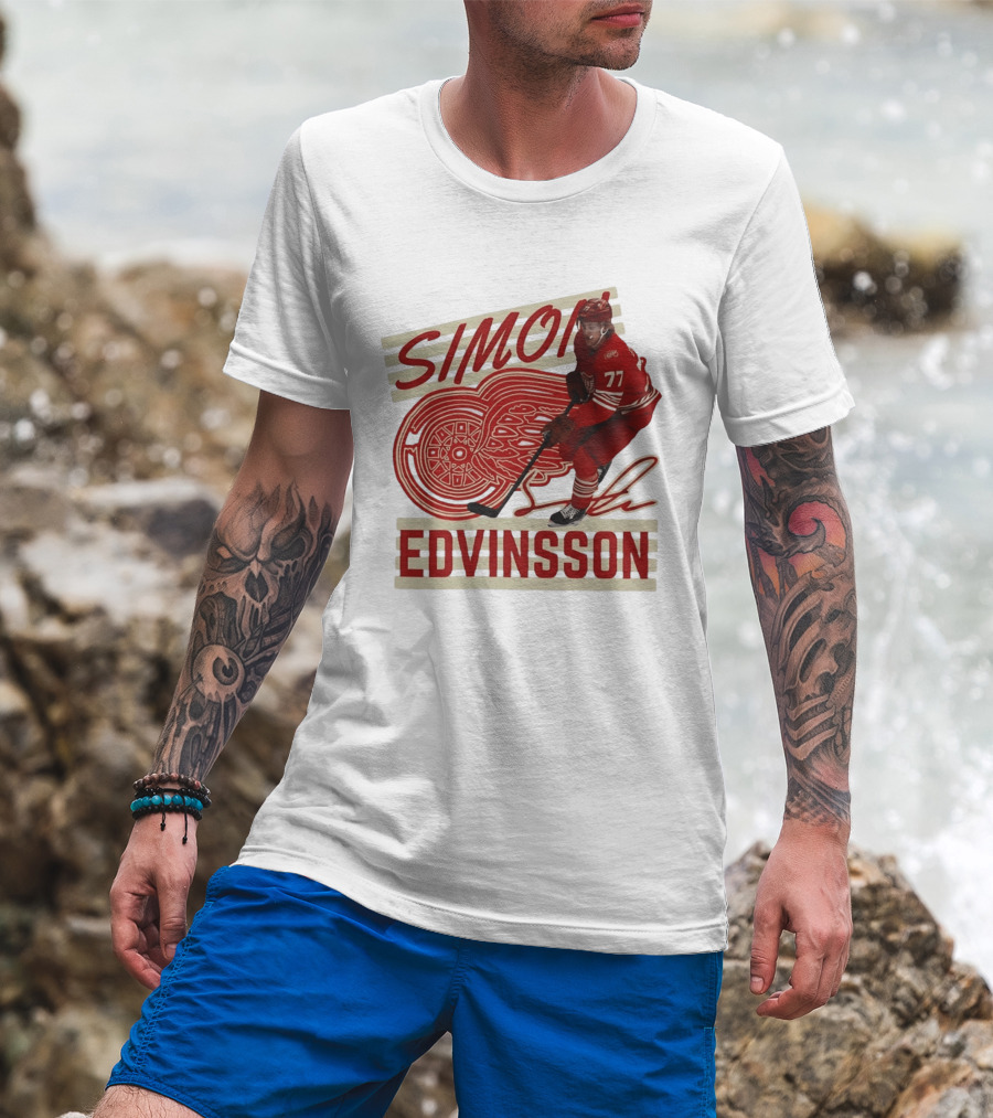 Simon Edvinsson 77 Detroit Red Wings Signature Hockey T-Shirt