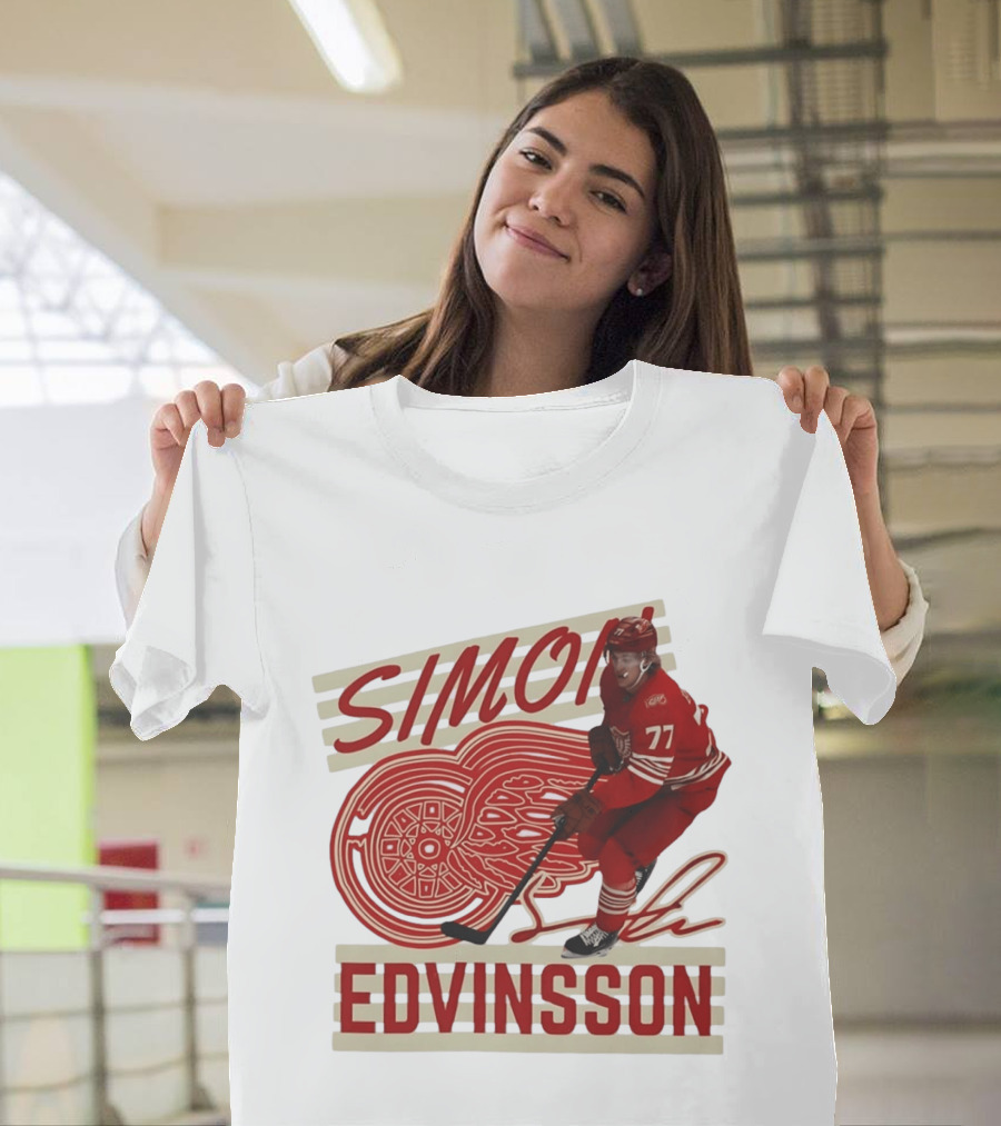 Simon Edvinsson 77 Detroit Red Wings Signature Hockey T-Shirt