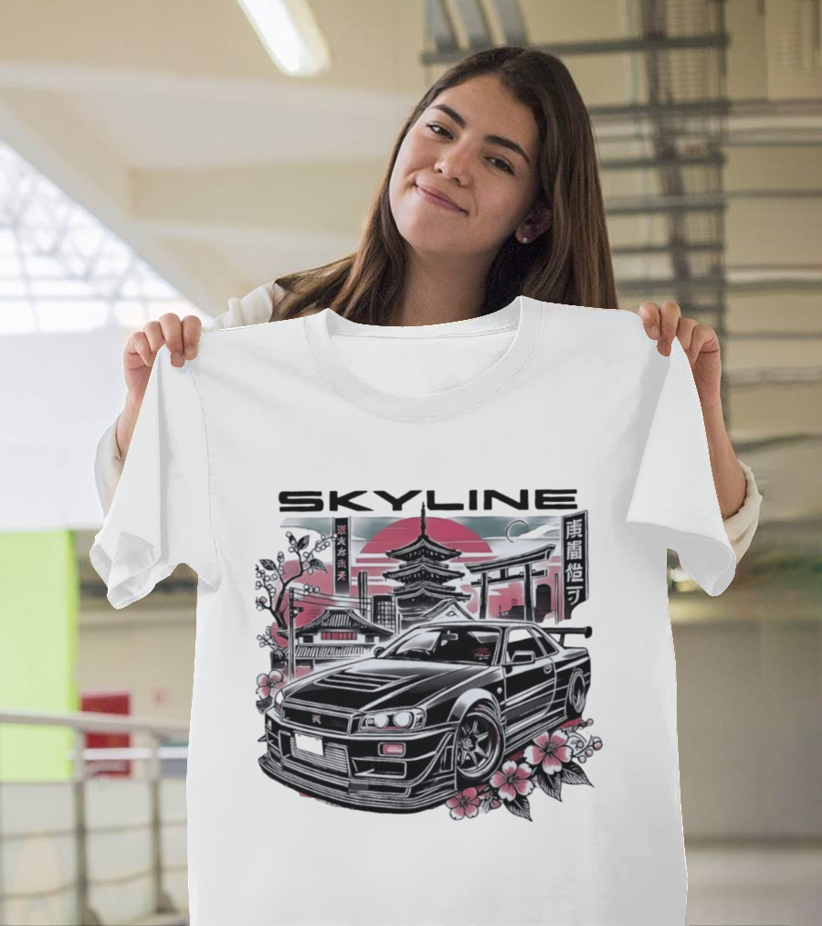 Skyline Japanese Cherry Blossom Car Pagoda Sun Blossoms T-Shirt