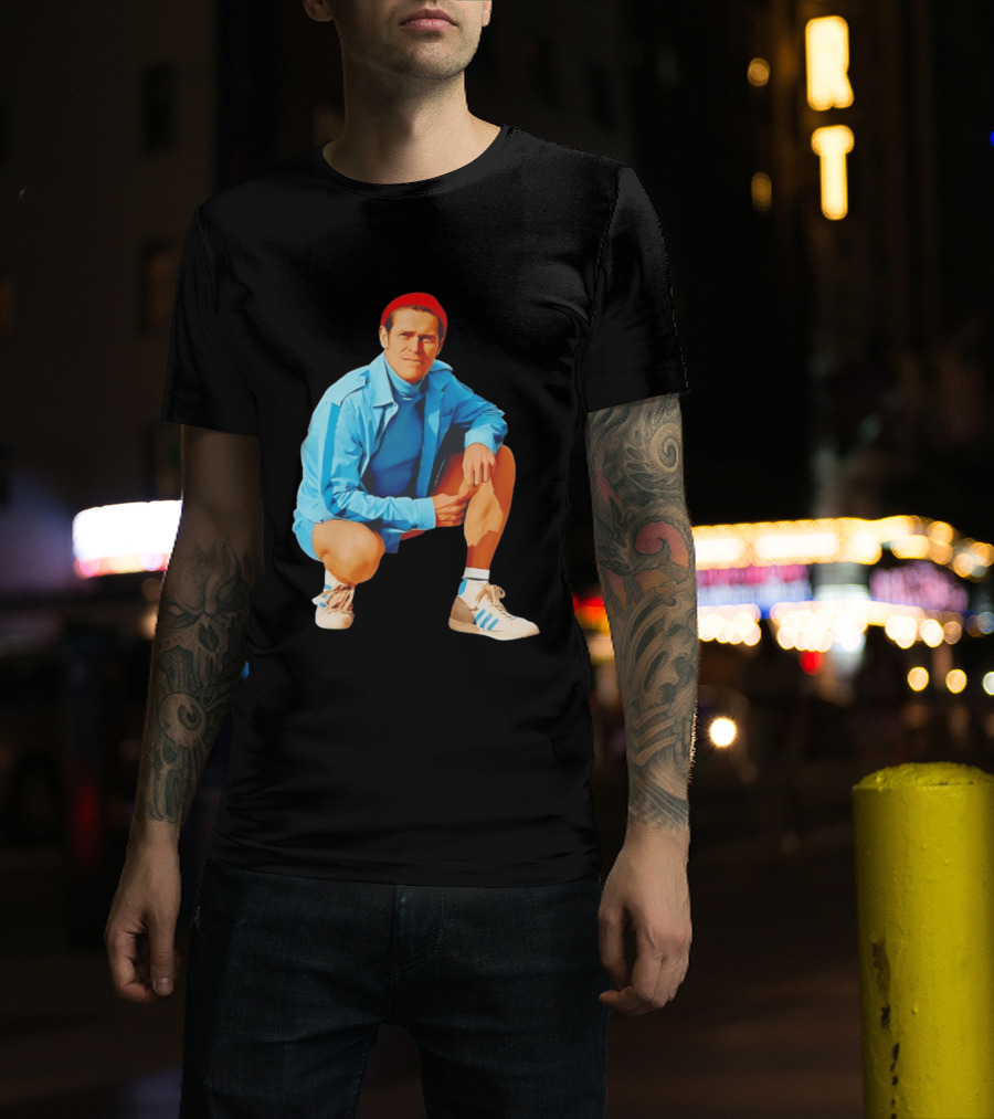 Willem Dafoe Meme Red Beanie Blue Tracksuit Squatting Pose T-Shirt