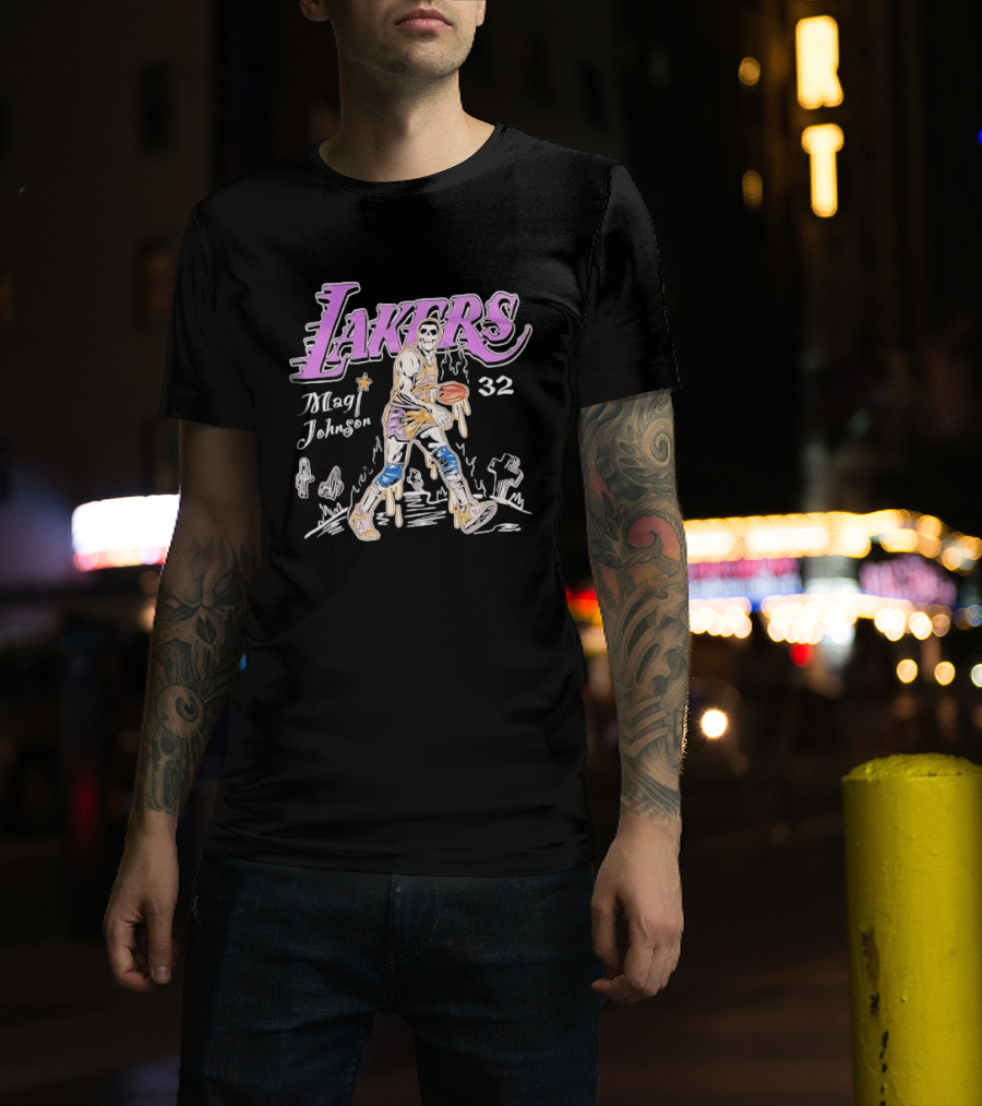 Lakers Magic Johnson 32 Skull Basketball Dribbling T-Shirt