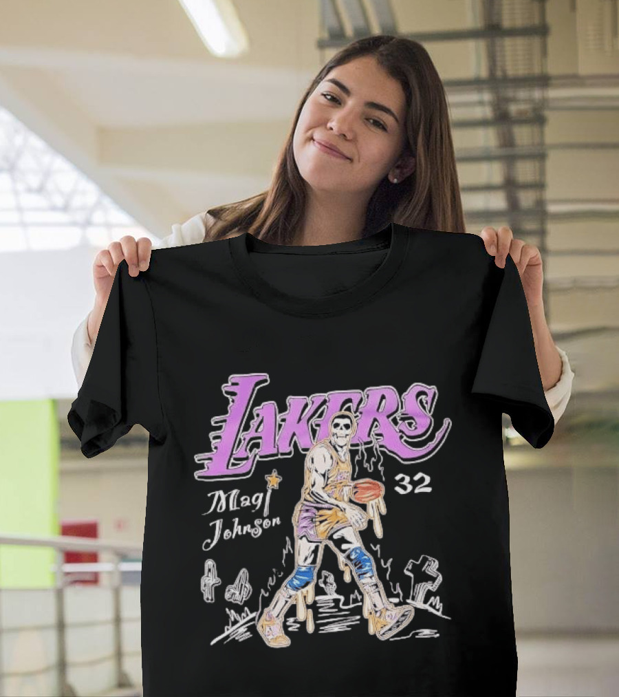 Lakers Magic Johnson 32 Skull Basketball Dribbling T-Shirt