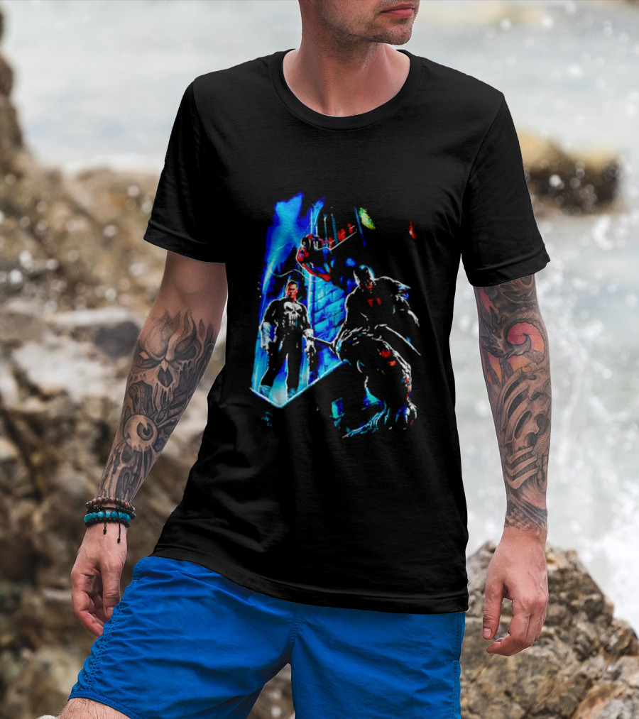 Marvel Comics Vigilante Action The Punisher Spider Man Daredevil Urban Battle Scene T-Shirt