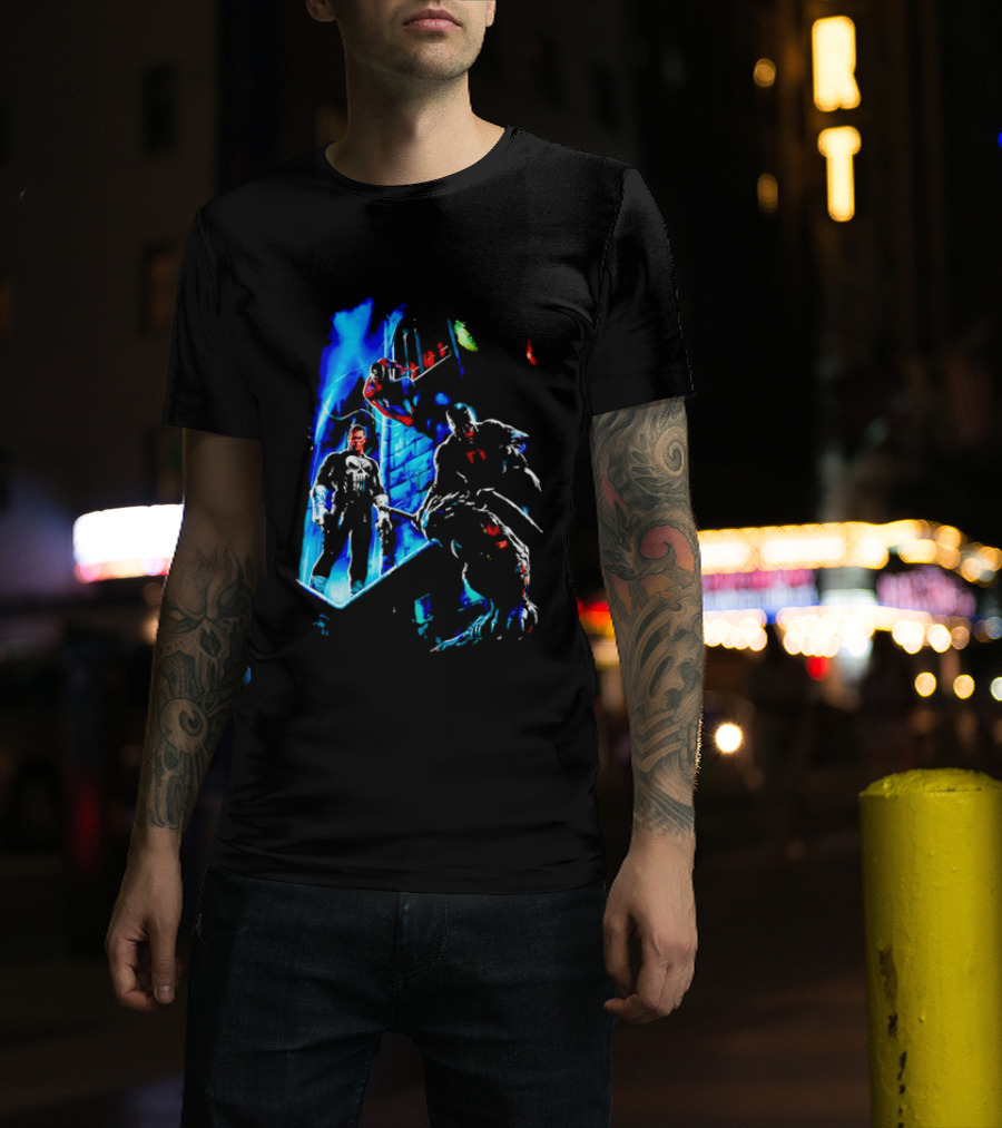 Marvel Comics Vigilante Action The Punisher Spider Man Daredevil Urban Battle Scene T-Shirt
