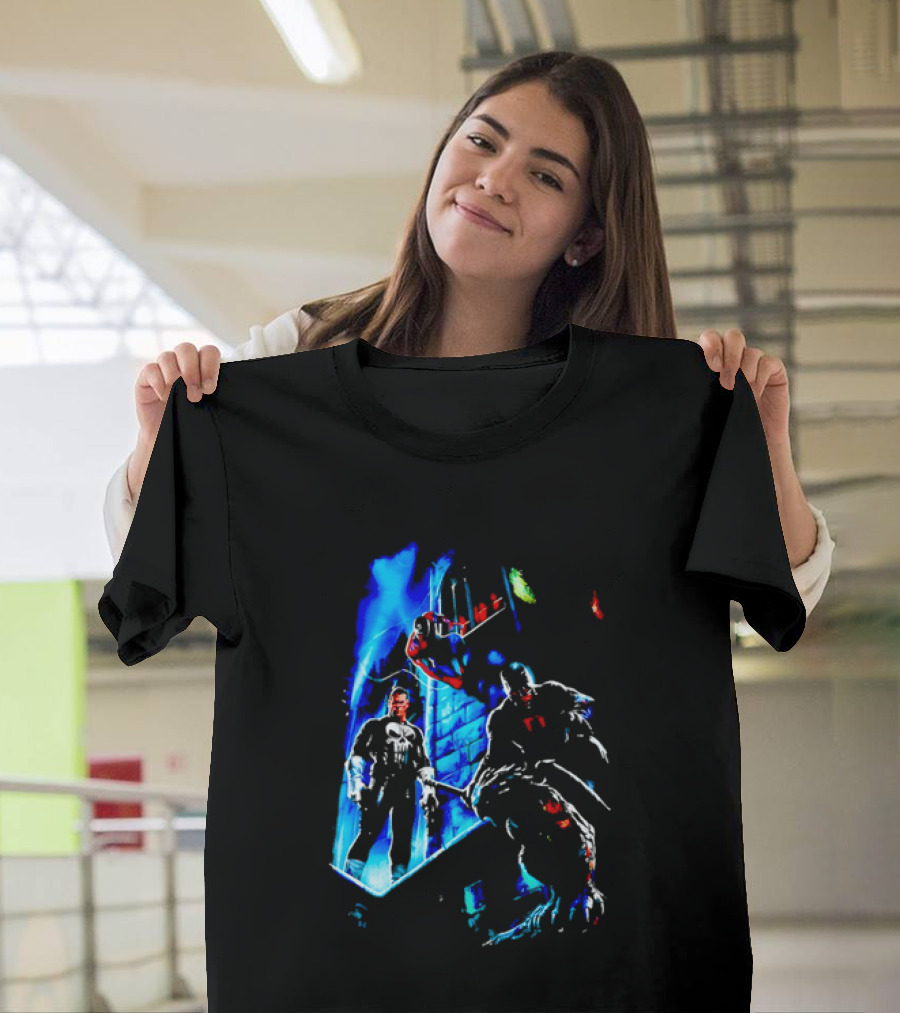 Marvel Comics Vigilante Action The Punisher Spider Man Daredevil Urban Battle Scene T-Shirt