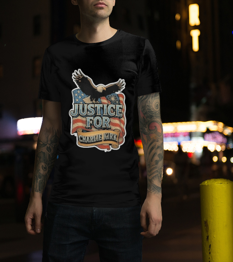 Justice For Charlie Kirk Bald Eagle American Flag Banner T-Shirt