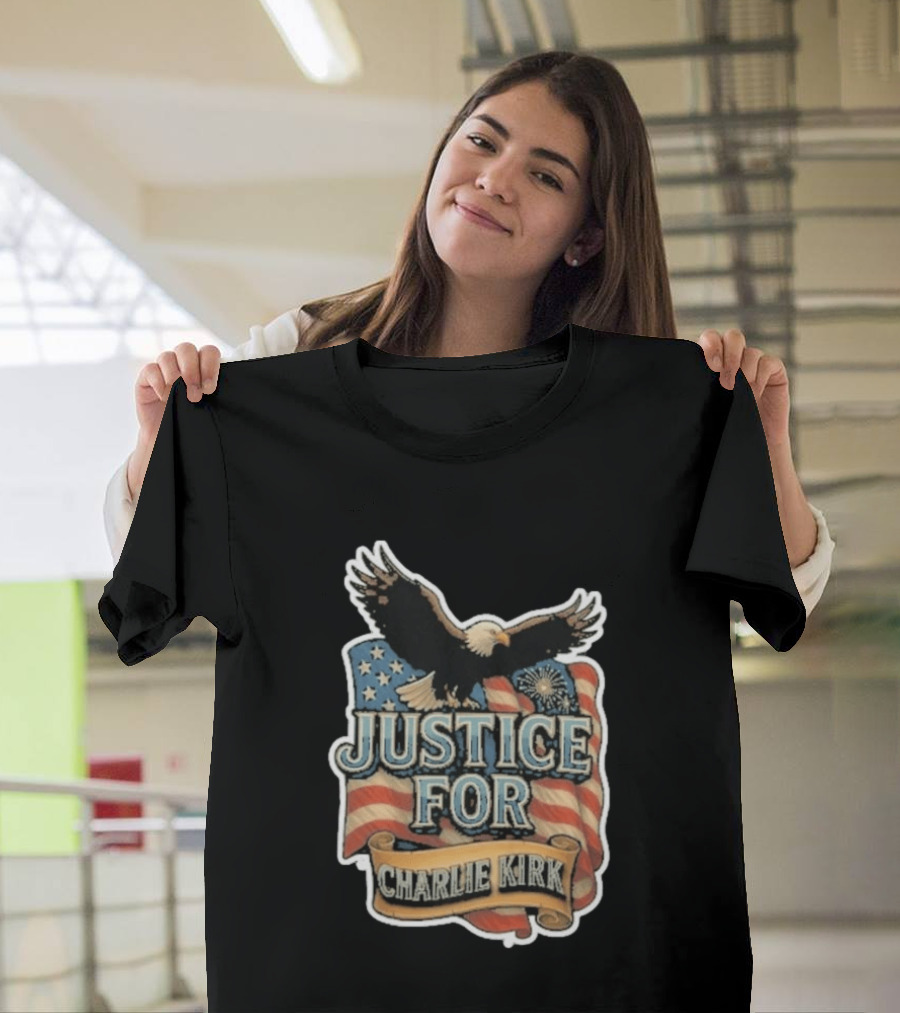 Justice For Charlie Kirk Bald Eagle American Flag Banner T-Shirt