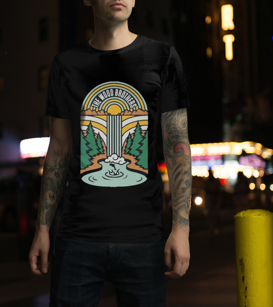 The Wood Brothers Waterfall Nature Scene With Sunburst And River Rapids T-Shirt
