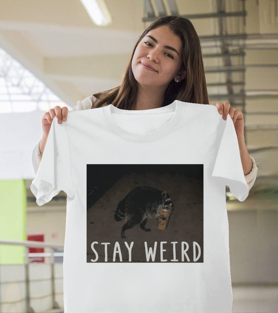 Jimothy Raccoon Drinking Iced Coffee Stay Weird Animal Lover Meme T-Shirt