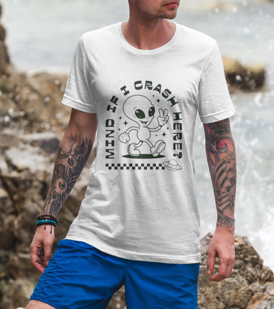 Mind If I Crash Here Alien Peace Sign UFO T-Shirt