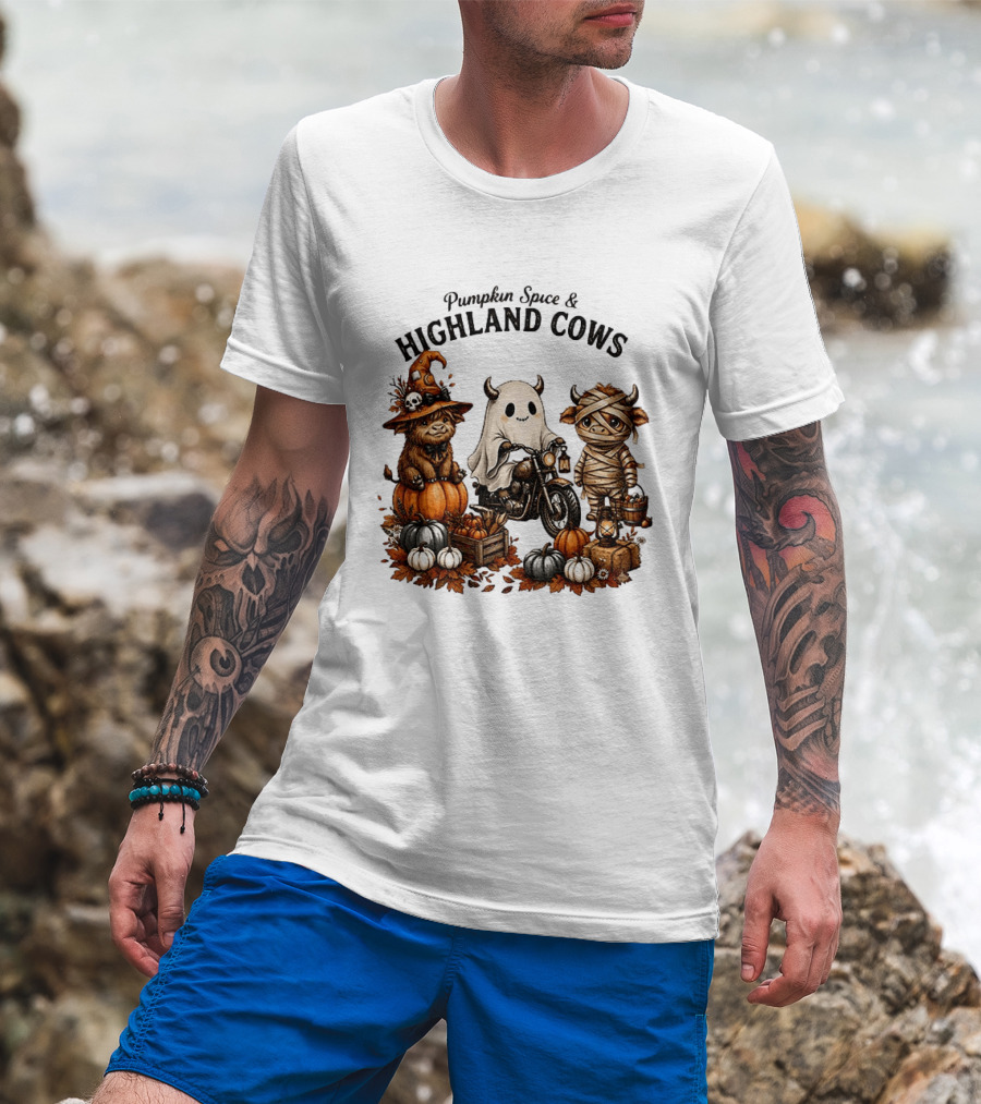 Pumpkin Spice And Highland Cows Halloween Fun T-Shirt