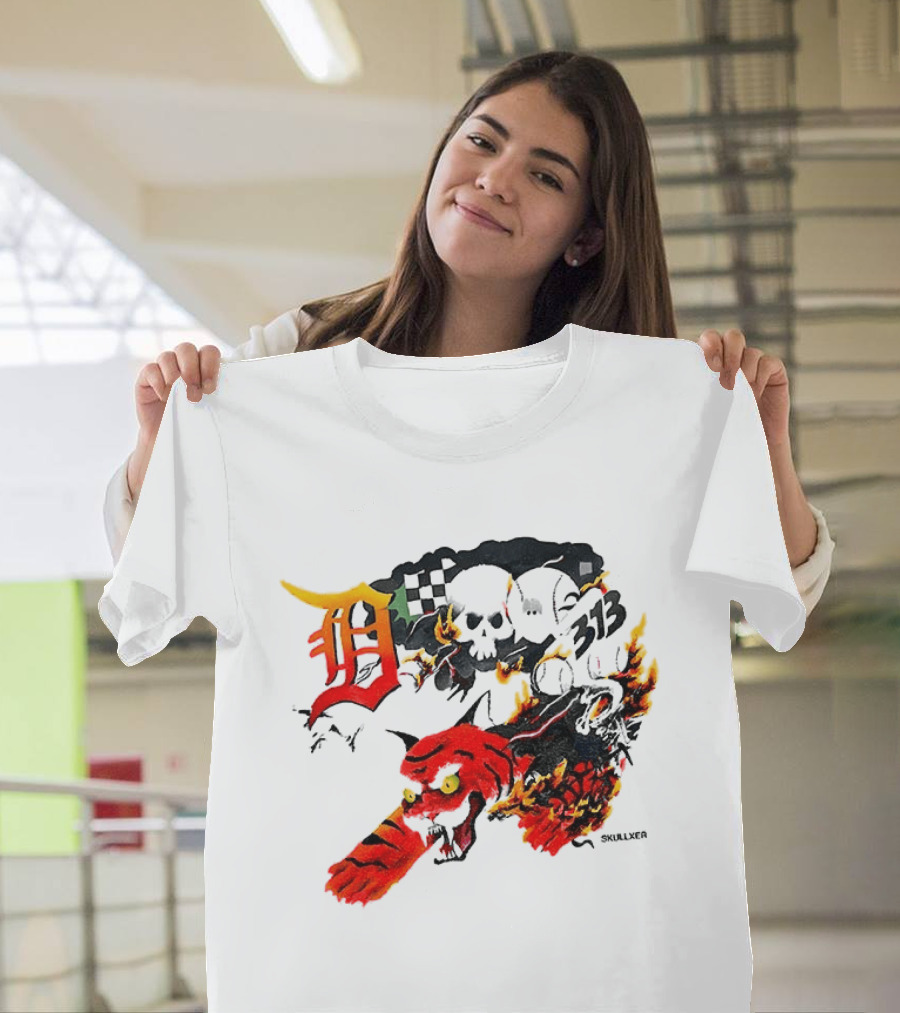 Skullxer 313 Detroit Tigers MLB 2026 With Flaming Devil And Skulls T-Shirt