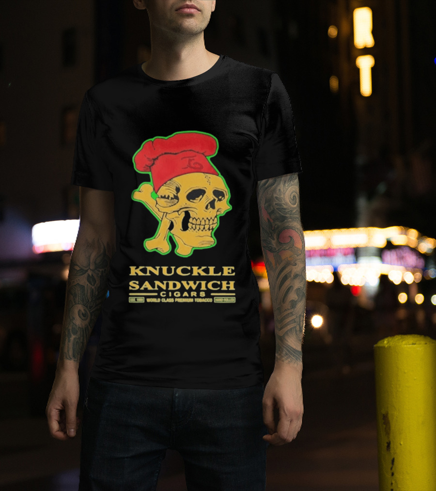 Knuckle Sandwich Cigars World Class Tobacco Skull With Red Chef Hat And Crossbones T-Shirt