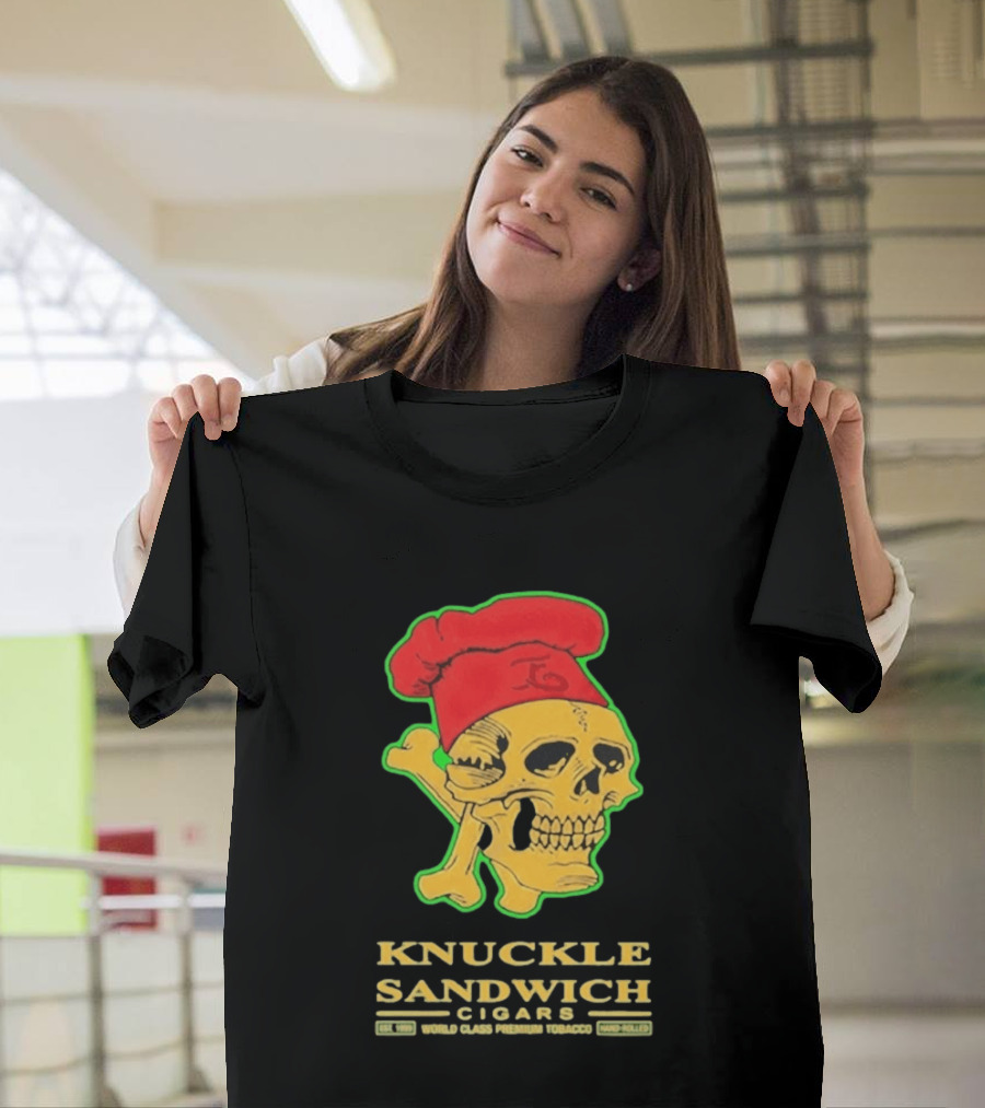 Knuckle Sandwich Cigars World Class Tobacco Skull With Red Chef Hat And Crossbones T-Shirt