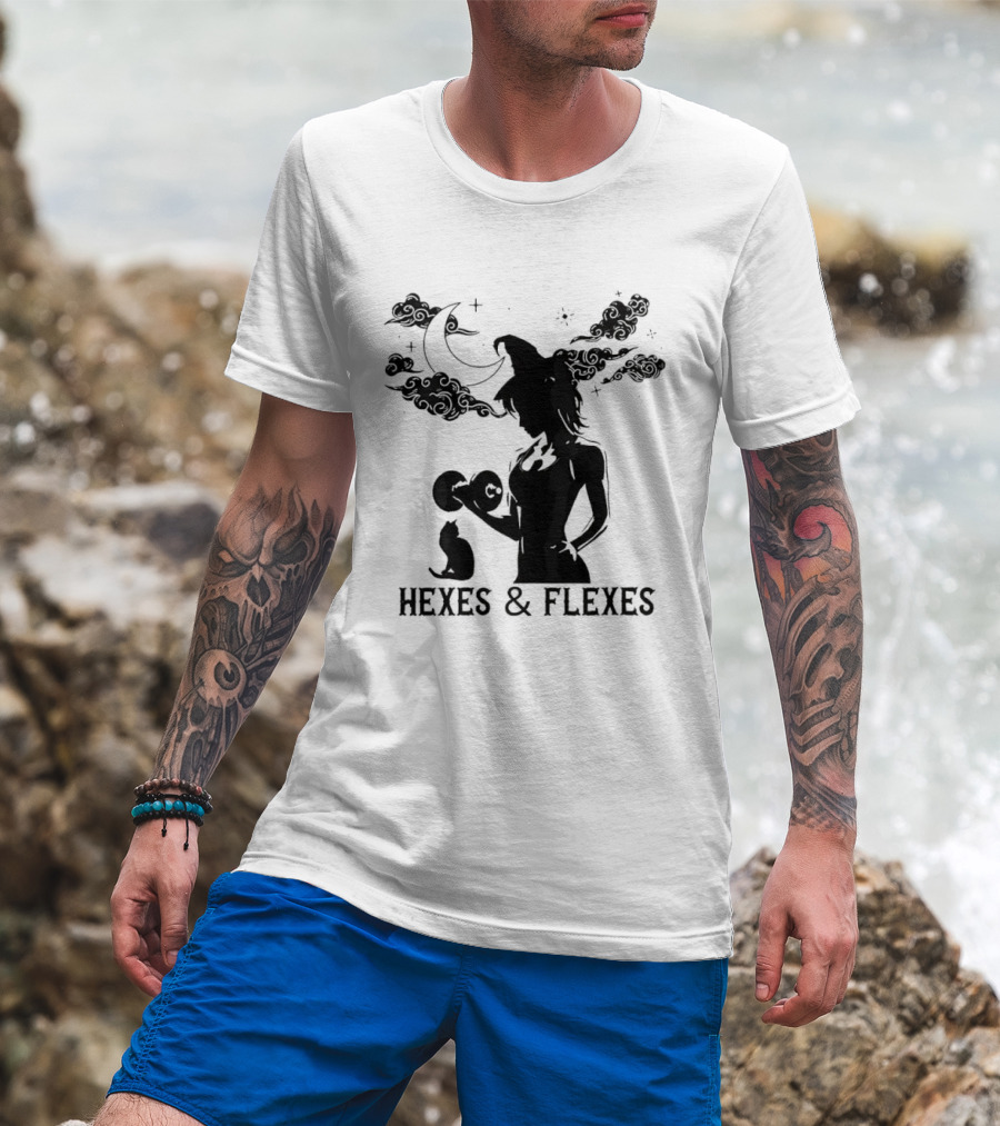 Spooky Fitness Witch Lifting Dumbbell With Cat Hexes & Flexes Moon Clouds T-Shirt