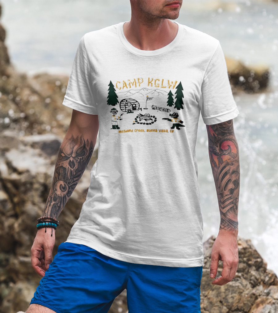 Camp KGLW Meadow Creek Buena Vista CO Skeleton Gator Camping Disc Golf T-Shirt