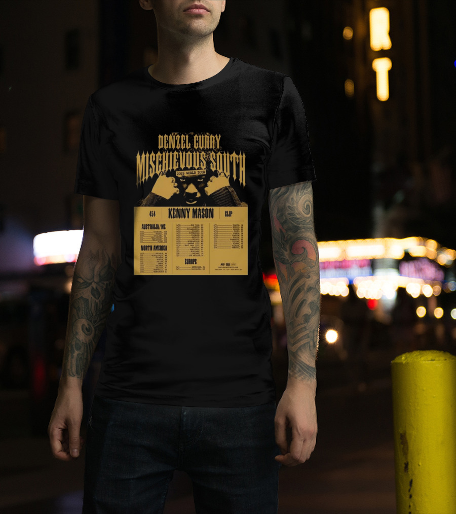 Denzel Curry Mischievous South 2025 World Tour Kenny Mason Clip 454 Australia North America Europe Dates T-Shirt