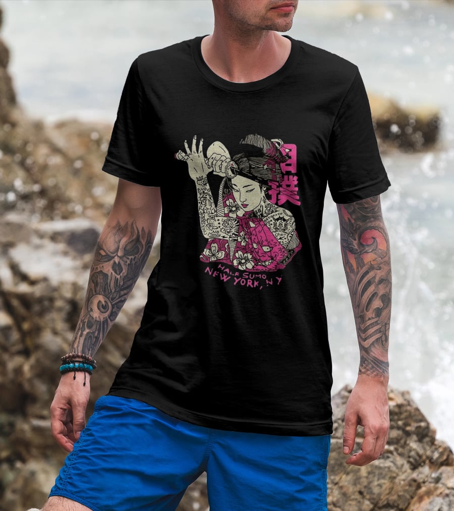Tattooed Geisha With Katana And Flowers Japanese Samurai Half Sumo New York NY T-Shirt