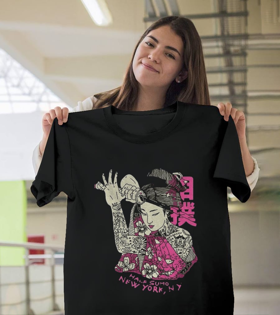 Tattooed Geisha With Katana And Flowers Japanese Samurai Half Sumo New York NY T-Shirt