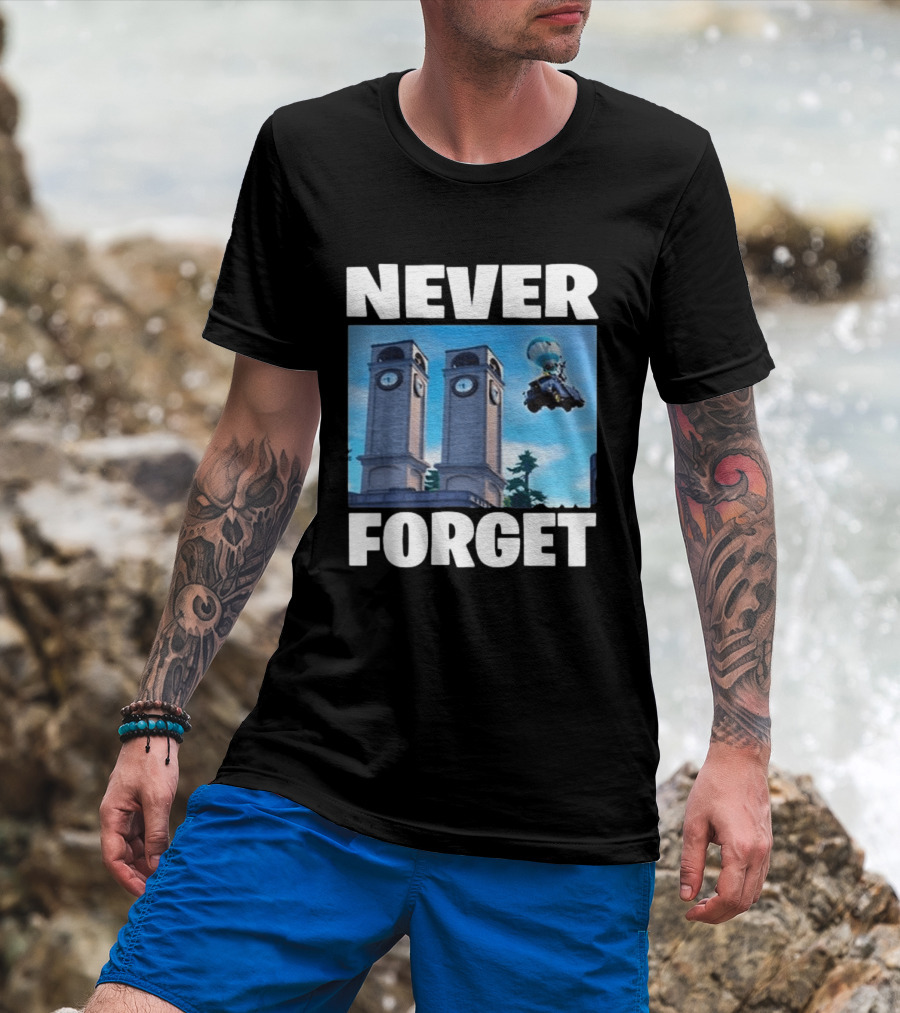 NEVER FORGET Twin Tilted Towers Fortnite Battle Bus T-Shirt