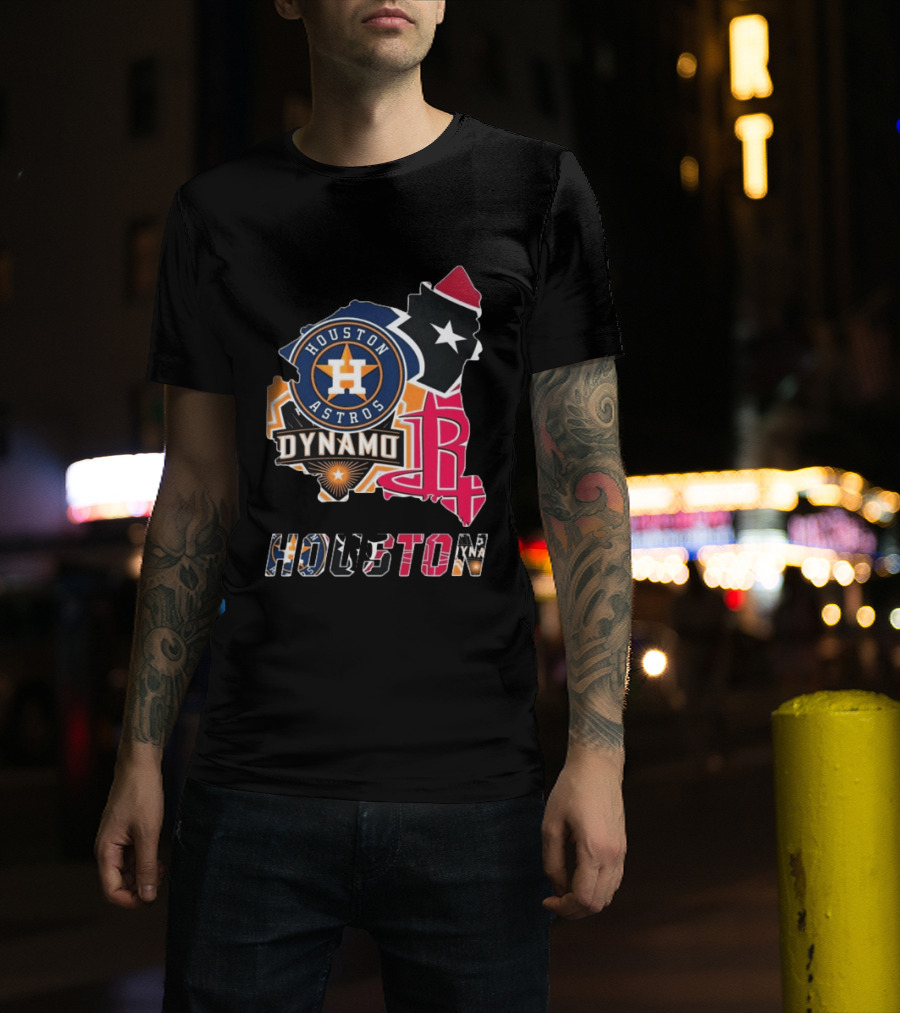 Houston Astros Texans Dynamo Rockets Map Logo Collage T-Shirt