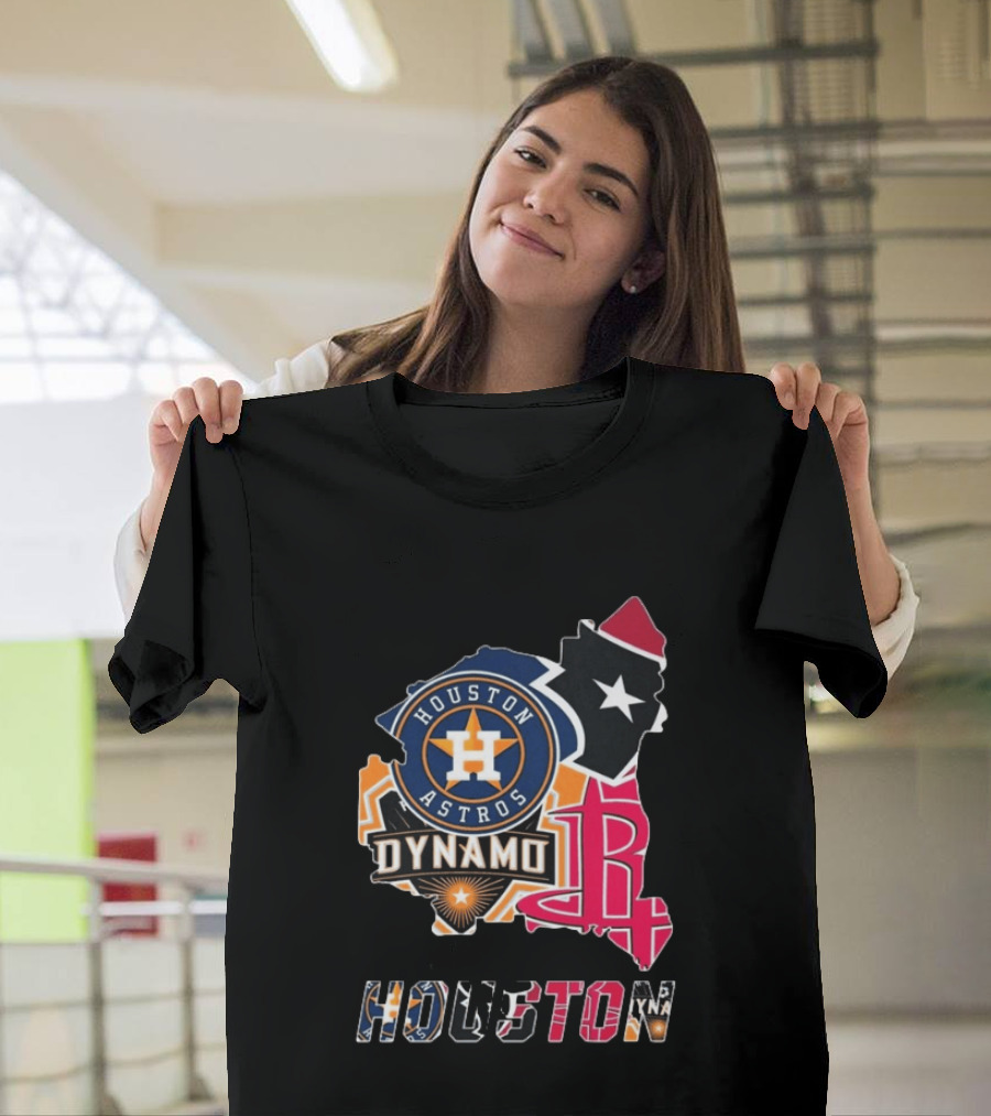 Houston Astros Texans Dynamo Rockets Map Logo Collage T-Shirt