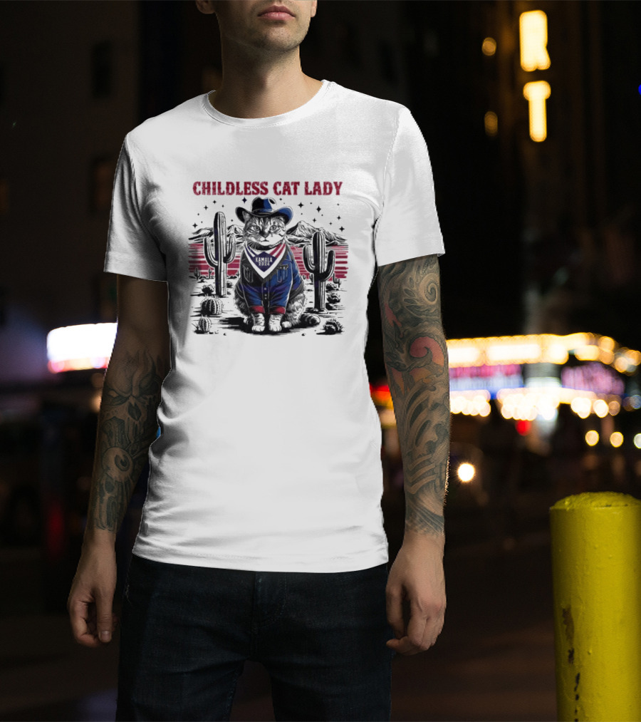 Kamala 2024 Childless Cat Lady Cowboy Desert Cactus Scene T-Shirt