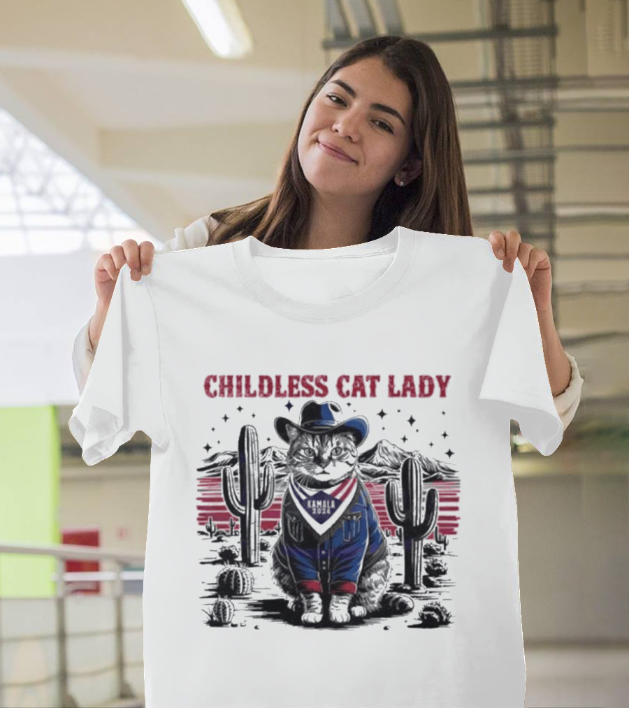 Kamala 2024 Childless Cat Lady Cowboy Desert Cactus Scene T-Shirt