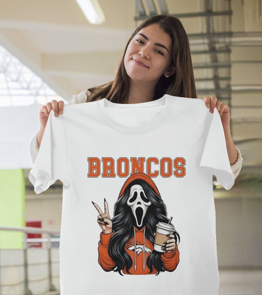 Broncos Ghostface Scream Halloween Coffee Peace Sign T-Shirt