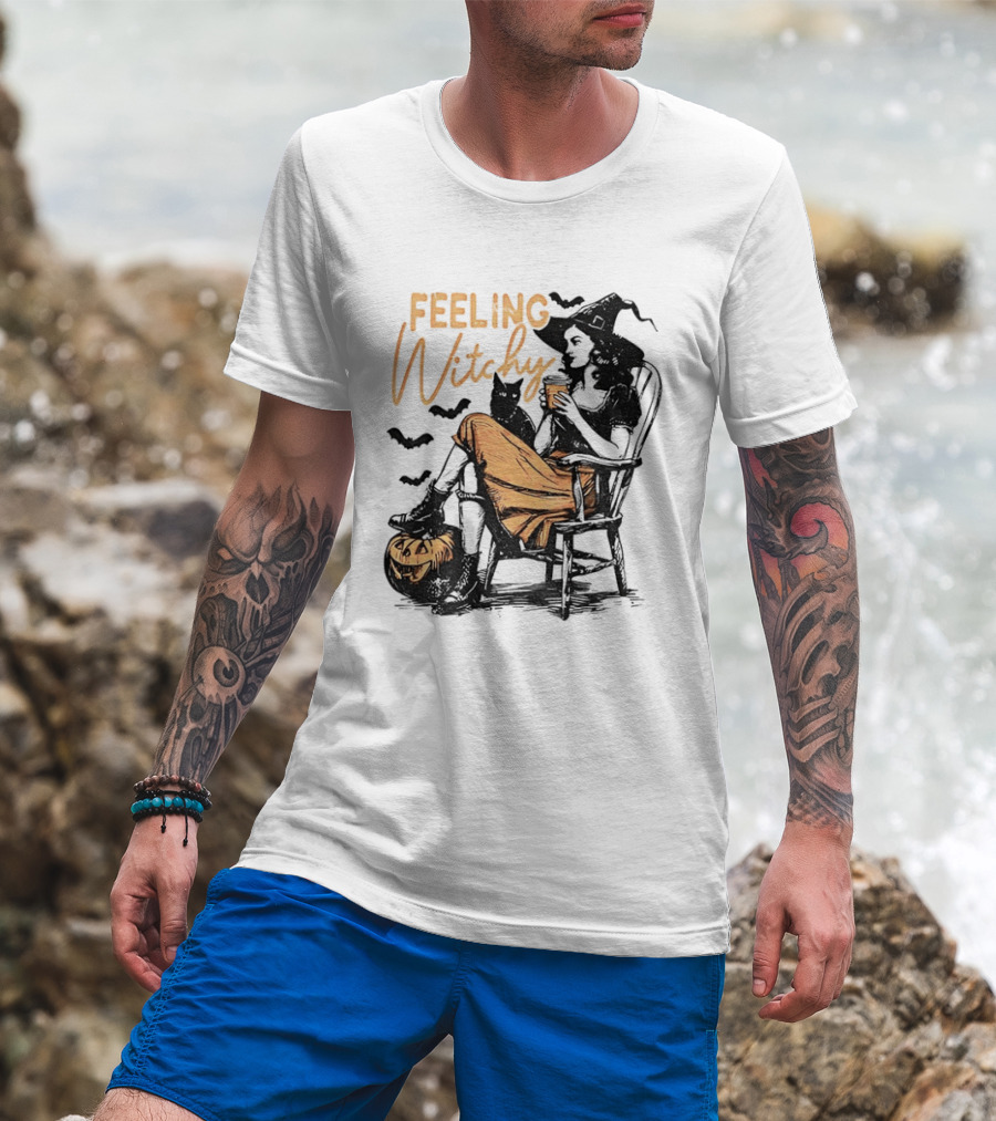 Feeling Witchy Witch With Pumpkin And Bats Halloween Vibes T-Shirt
