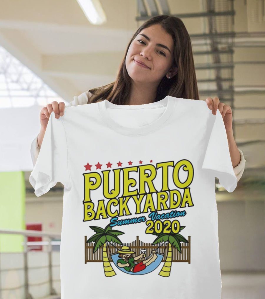 Puerto Backyarda Summer Vacation 2020 Relaxing Hammock Palm Trees Retro Cartoon T-Shirt