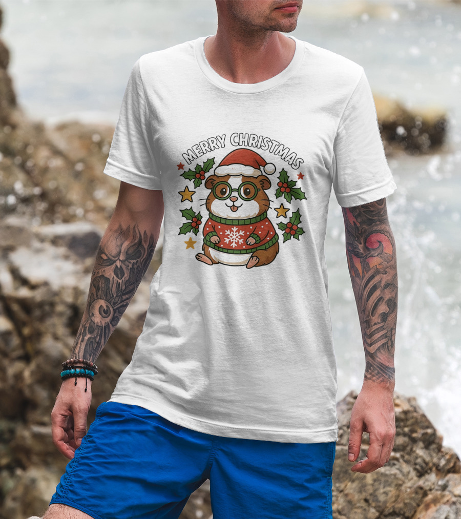 Merry Christmas Santa Guinea Pig In Holiday Sweater With Holly And Stars T-Shirt