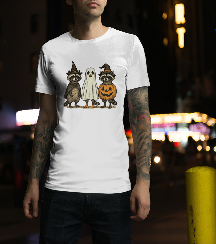 Spooky Boo Ghost Raccoon Pumpkin Raccoon Witch Hat Happy Halloween 2025 T-Shirt