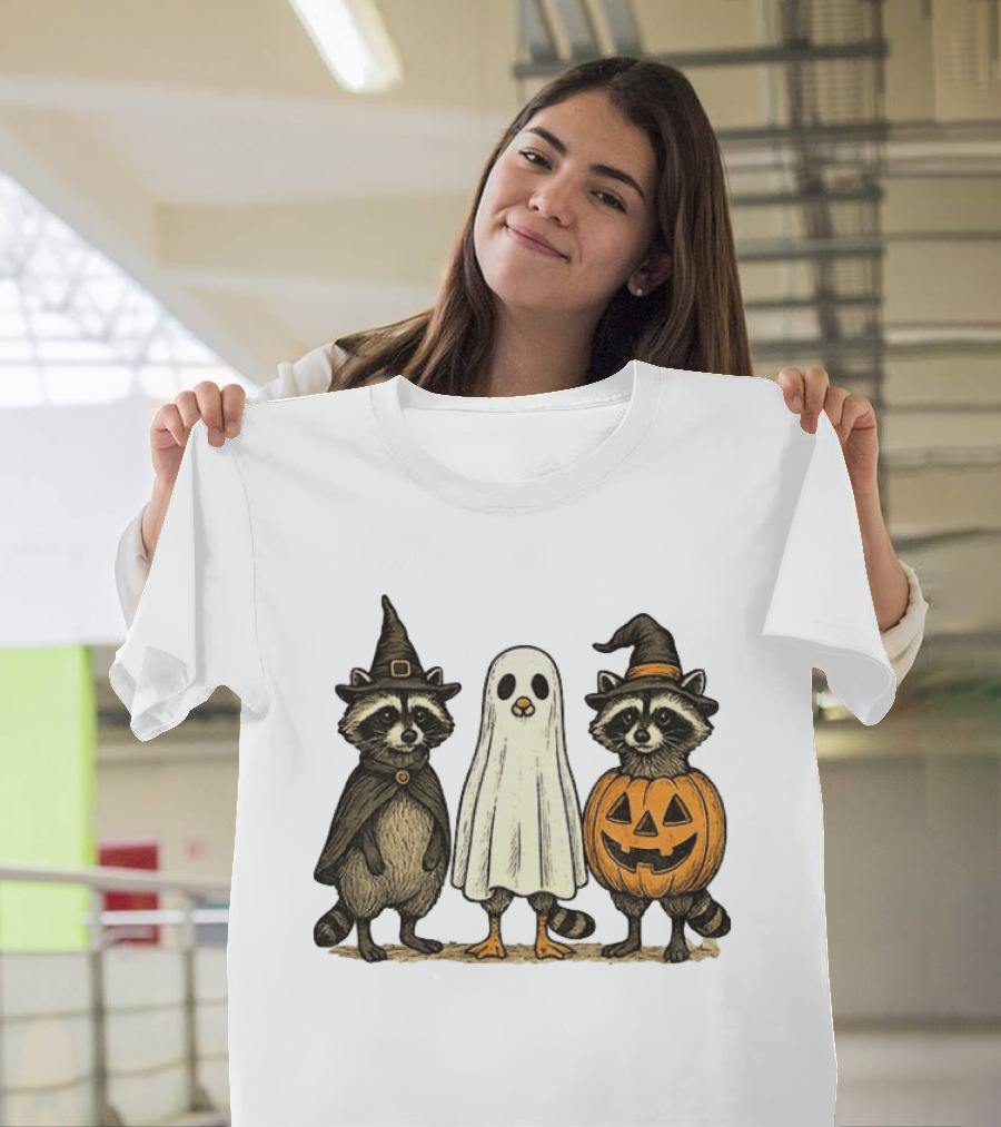 Spooky Boo Ghost Raccoon Pumpkin Raccoon Witch Hat Happy Halloween 2025 T-Shirt