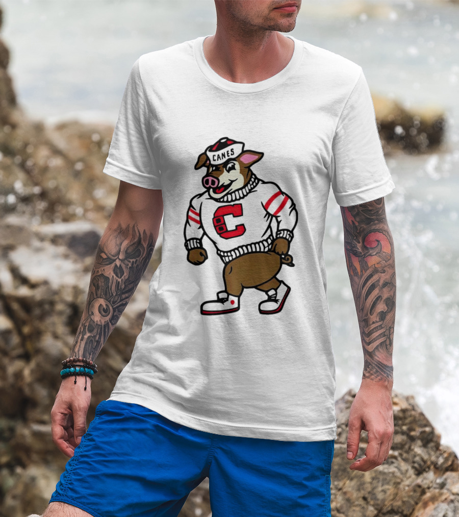 Canes Mascot Pig In Red And White Sweater With Stripes T-Shirt