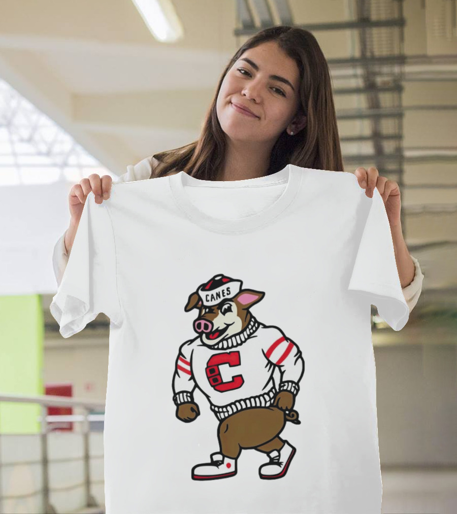 Canes Mascot Pig In Red And White Sweater With Stripes T-Shirt