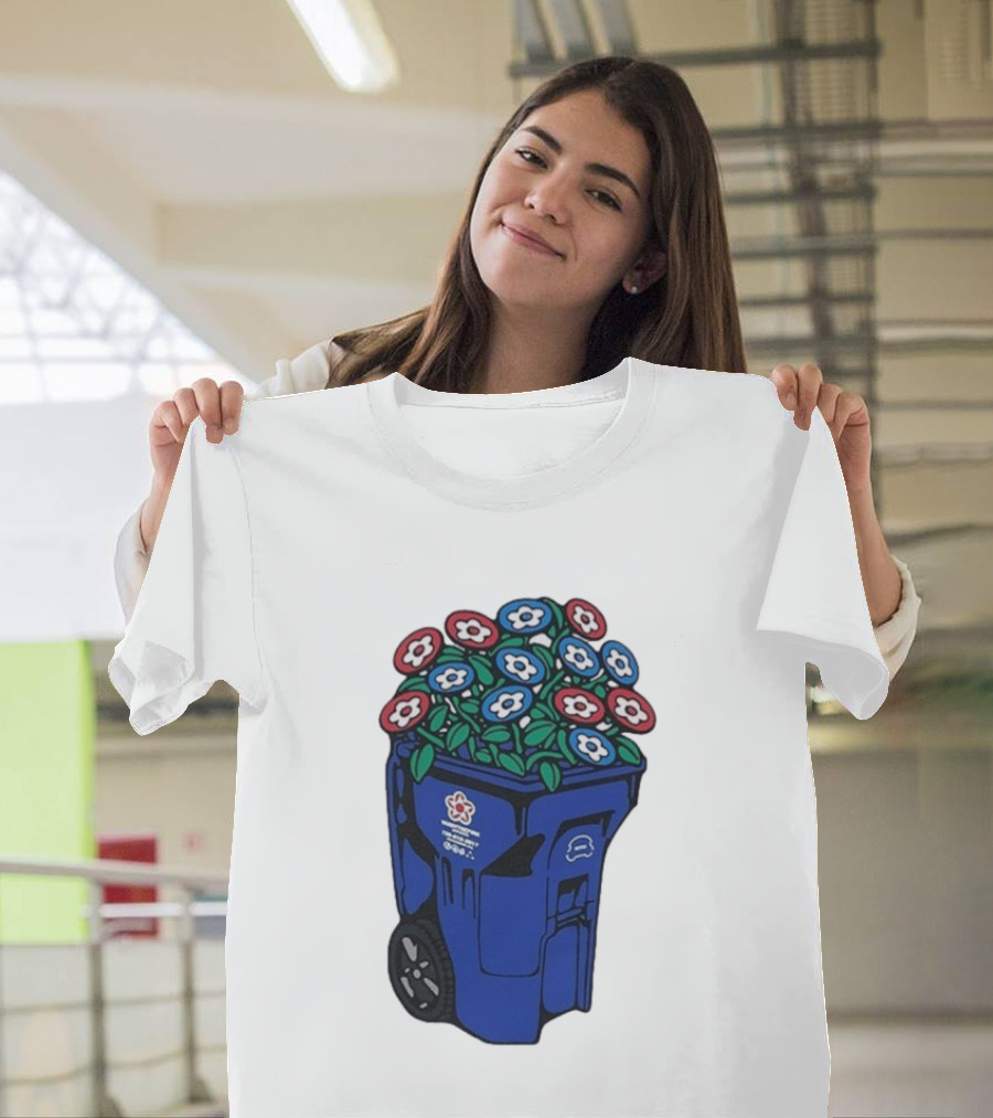 Vandy The Pink Trash Can Blue Recycling Bin Flowers T-Shirt