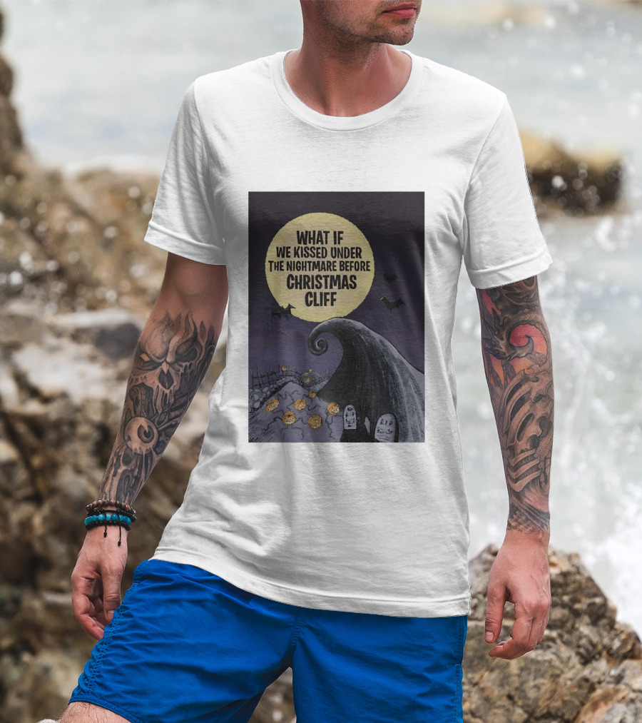 What If We Kissed Under The Nightmare Before Christmas Cliff Halloween Moon Bats Pumpkins Graveyard Scene T-Shirt