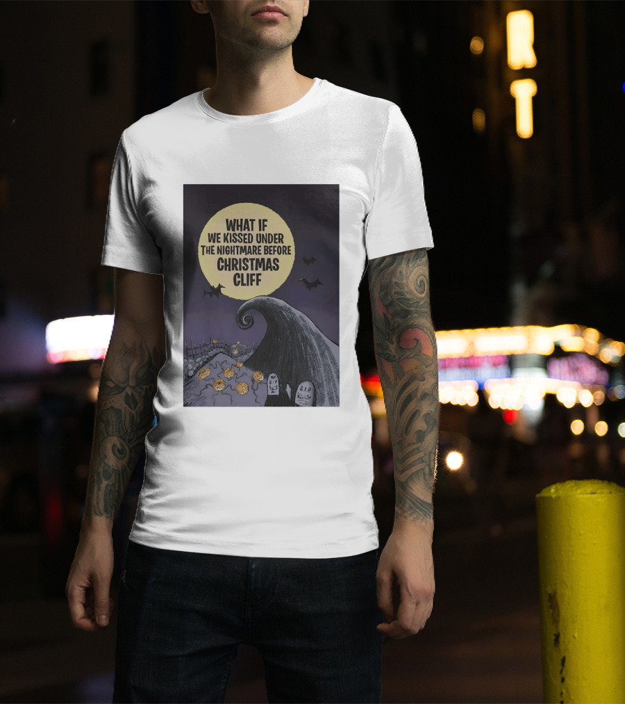 What If We Kissed Under The Nightmare Before Christmas Cliff Halloween Moon Bats Pumpkins Graveyard Scene T-Shirt