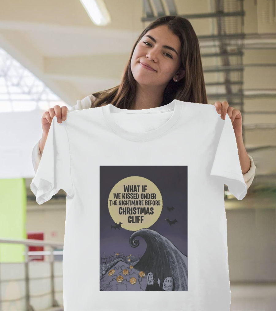 What If We Kissed Under The Nightmare Before Christmas Cliff Halloween Moon Bats Pumpkins Graveyard Scene T-Shirt