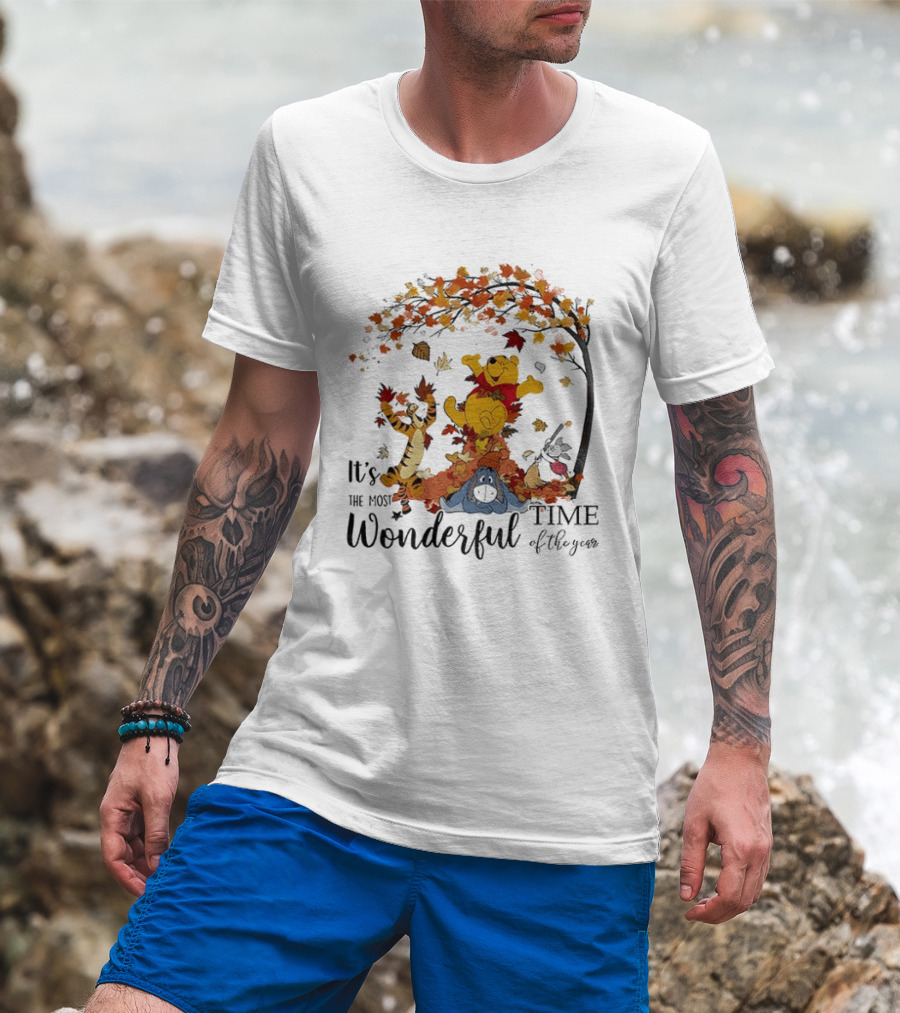 Winnie The Pooh It's The Most Wonderful Time Of The Year Happy Fall Autumn Leaves T-Shirt