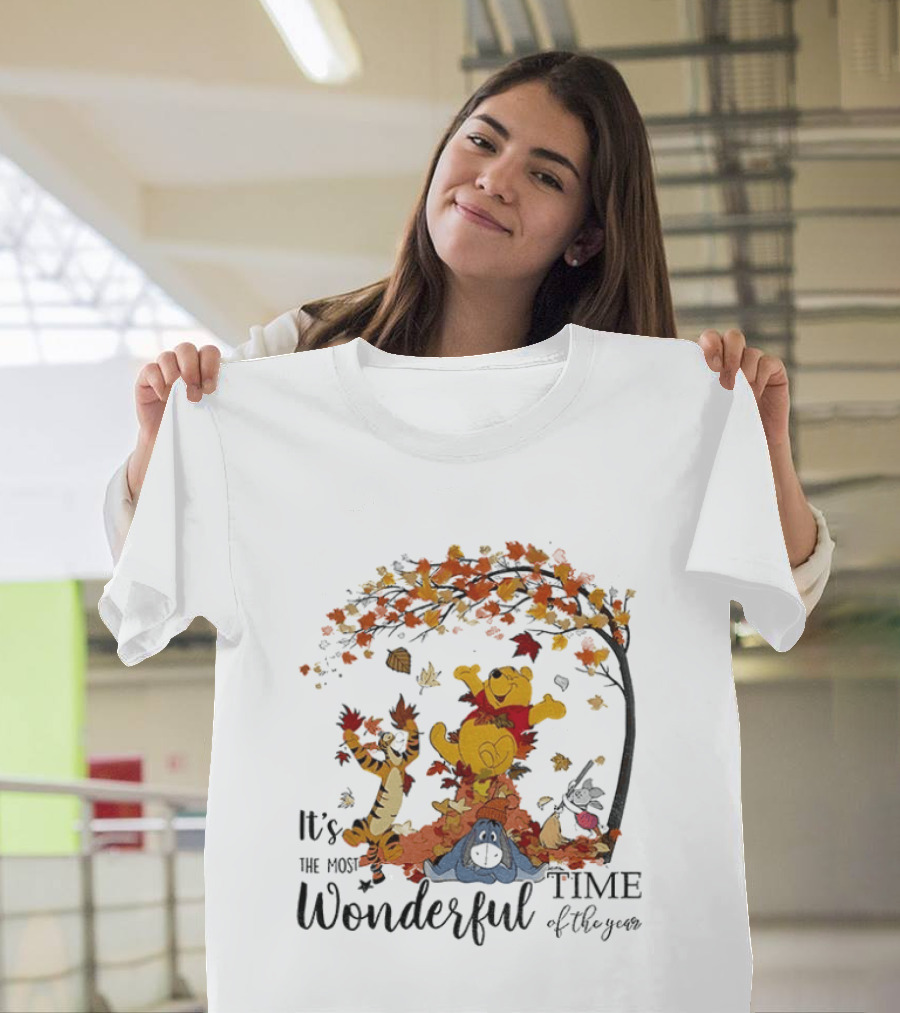 Winnie The Pooh It's The Most Wonderful Time Of The Year Happy Fall Autumn Leaves T-Shirt