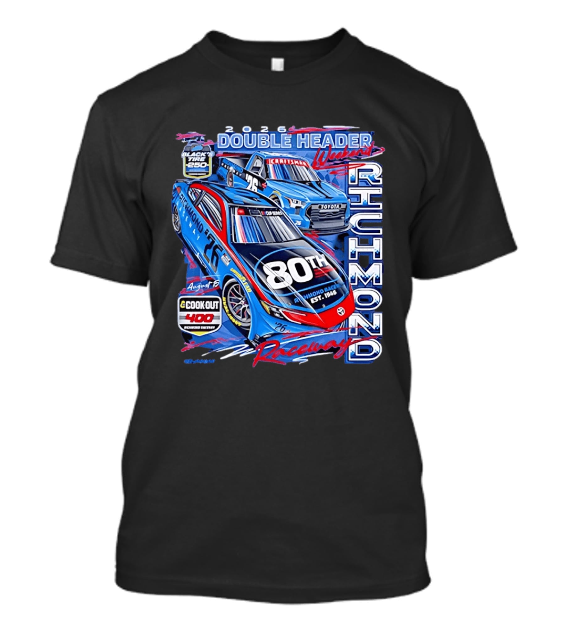 2026 Richmond Raceway Double Header Weekend 80th Anniversary Black Tire 250 Cook Out 400 T-Shirt