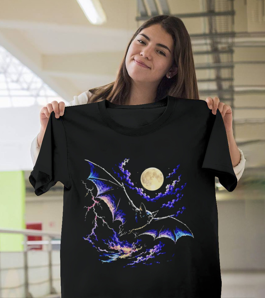 Bat Flying In Stormy Night With Full Moon Lightning And Clouds T-Shirt