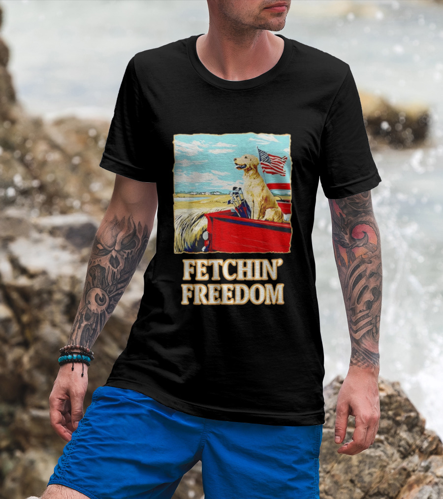 Fetching Freedom Dog And American Flag Scene T-Shirt
