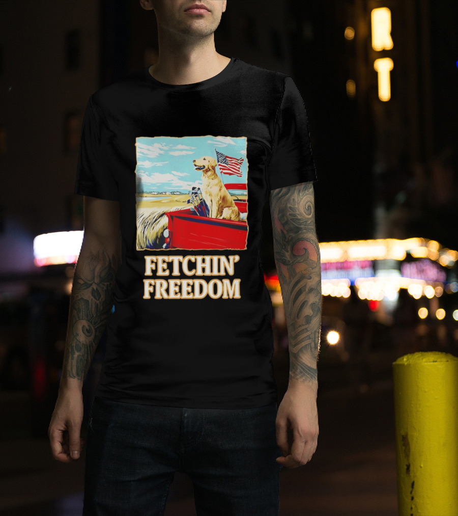 Fetching Freedom Dog And American Flag Scene T-Shirt
