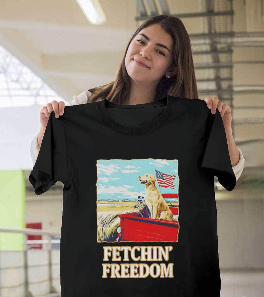 Fetching Freedom Dog And American Flag Scene T-Shirt